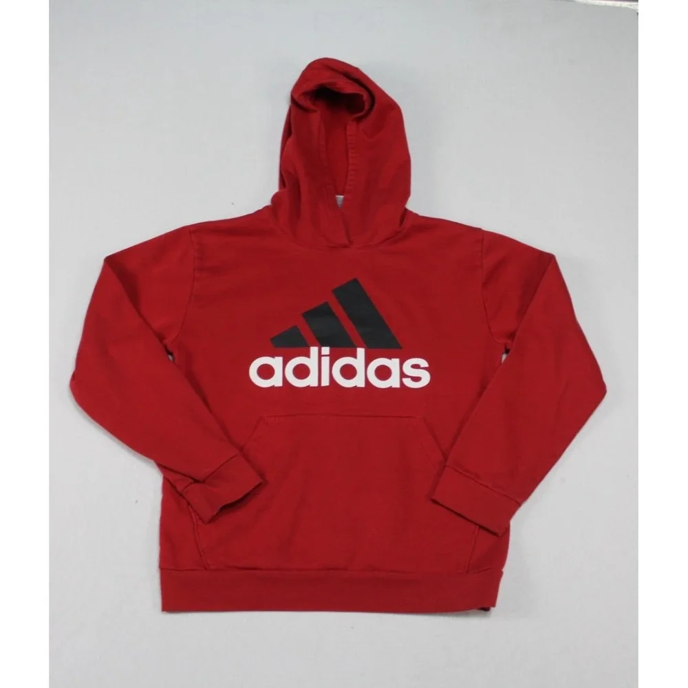 Adidas Boy Red Hooded Sweater Long Sleeve Logo Three Stripes Size Large